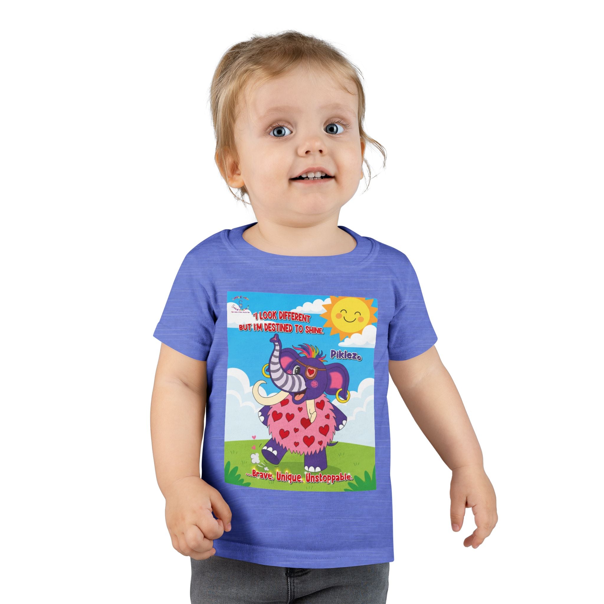 Toddler T‑Shirt — Cute Elephant Heart Design with Sun & ‘Free Hugs’ Text