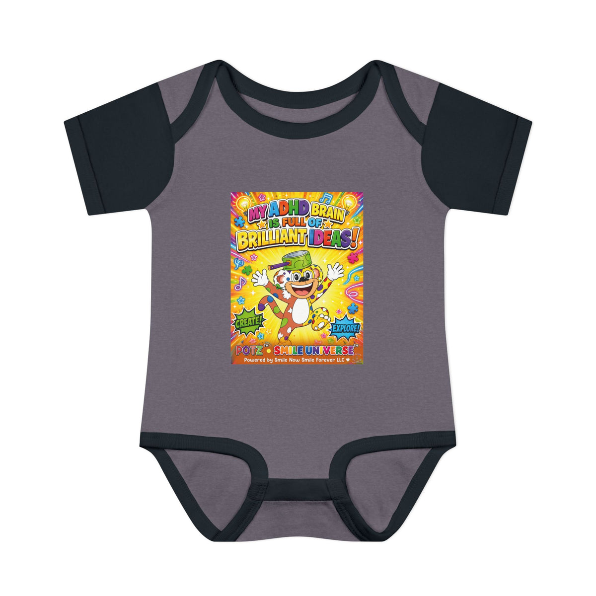 Potz™ Infant Baby Rib Bodysuit – "My ADHD Brain is Full of Brilliant Ideas!" Graphic Onesie | Smile Universe Collection