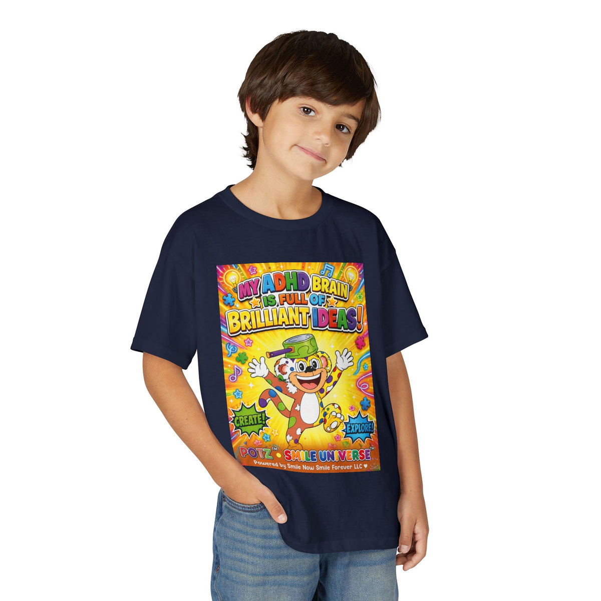 Potz™ Youth DryBlend® T-Shirt – "My ADHD Brain is Full of Brilliant Ideas!" Graphic Tee | Smile Universe Collection