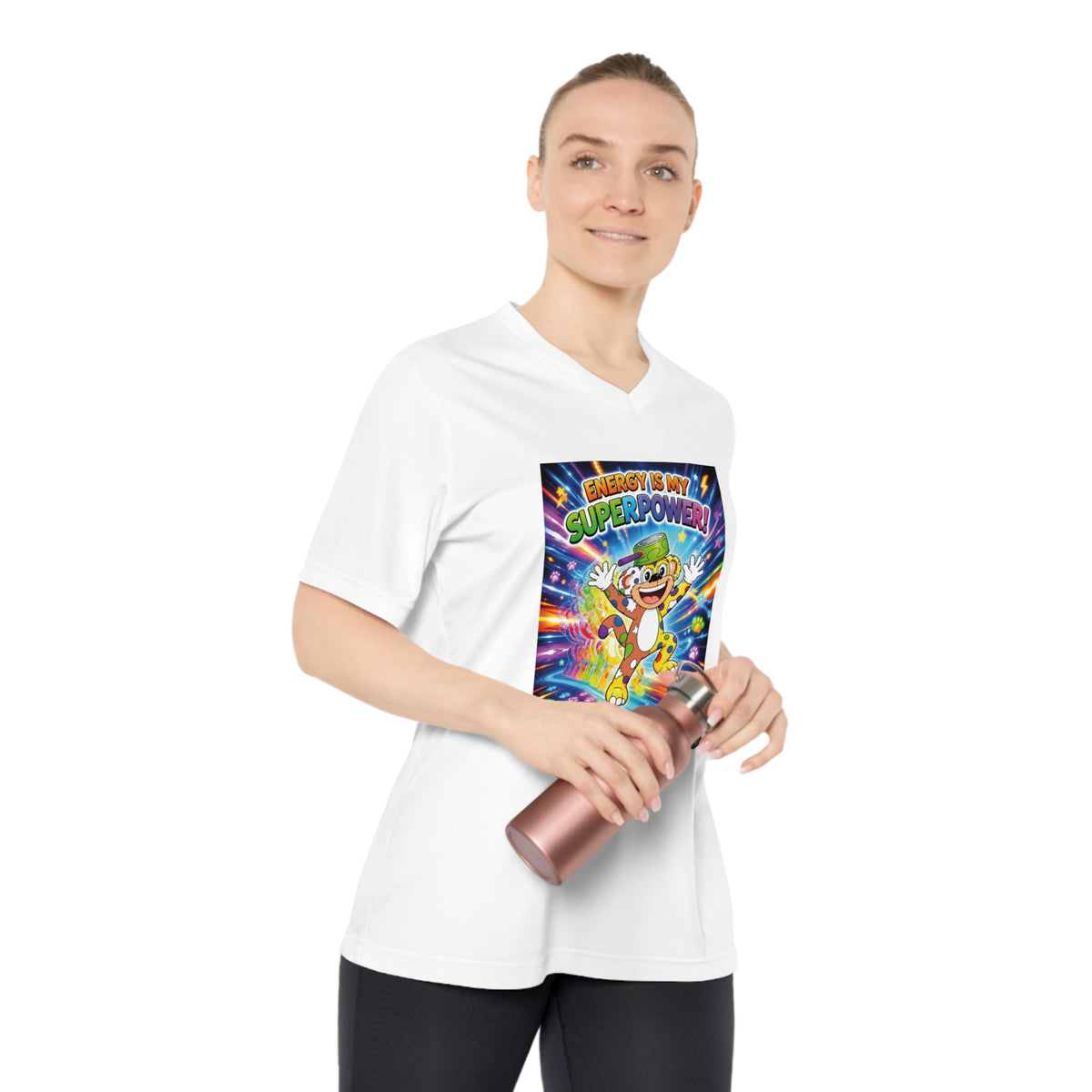Potz™ Women's Performance V-Neck T-Shirt – "Energy is My Superpower!" Graphic Tee | Smile Universe Collection