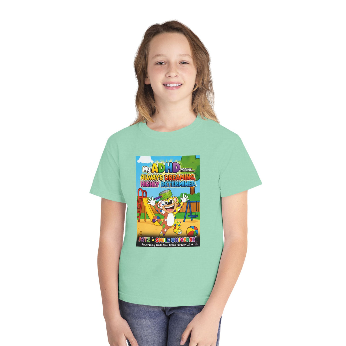 Potz™ Youth Midweight Tee – "My ADHD Means Always Dreaming, Highly Determined" Graphic Tee | Smile Universe Collection