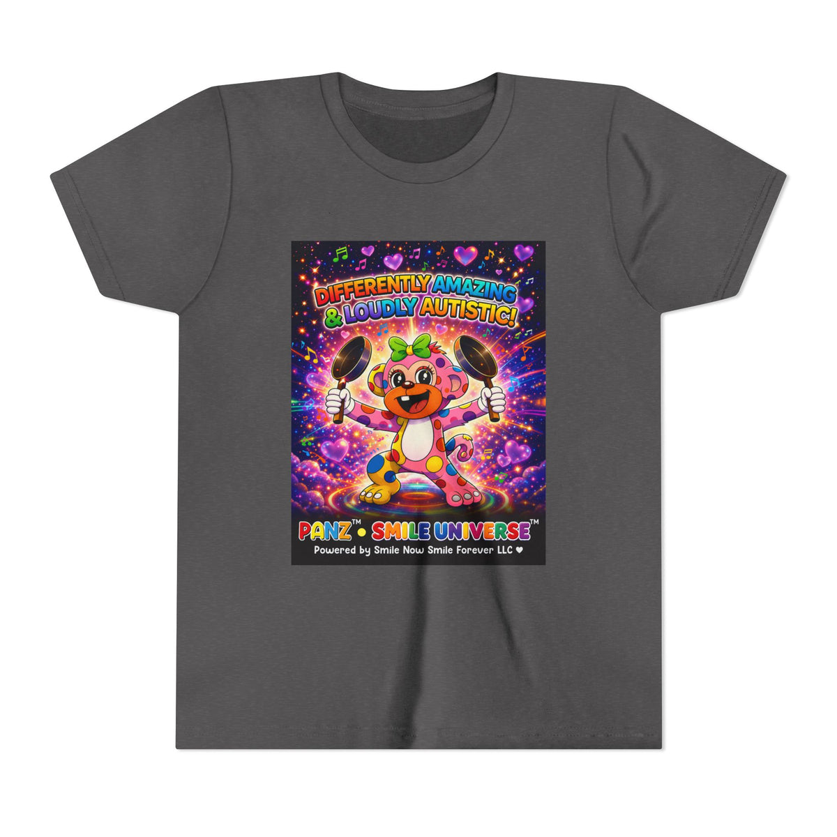 Panz™ Youth Short Sleeve Tee – "Differently Amazing & Loudly Autistic!" Graphic | Smile Universe Collection