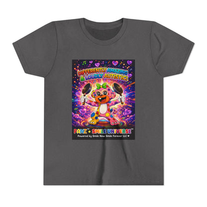Panz™ Youth Short Sleeve Tee – "Differently Amazing & Loudly Autistic!" Graphic | Smile Universe Collection