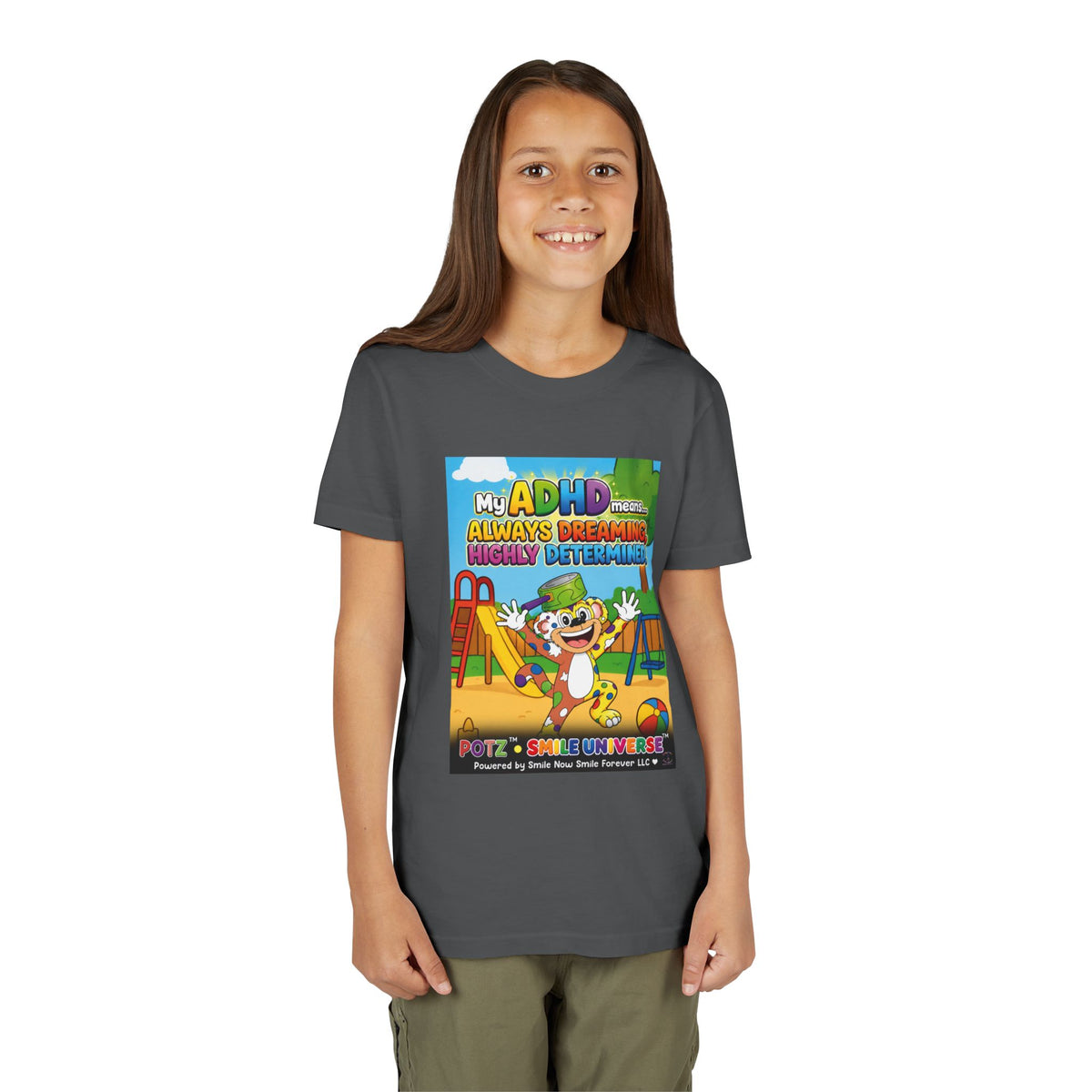 Potz™ Youth Short Sleeve Tee – "My ADHD Means Always Dreaming, Highly Determined" Graphic Tee | Smile Universe Collection