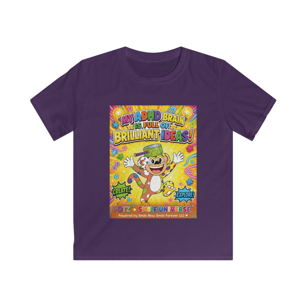 Potz™ Kids Softstyle Tee – "My ADHD Brain is Full of Brilliant Ideas!" Graphic Tee | Smile Universe Collection