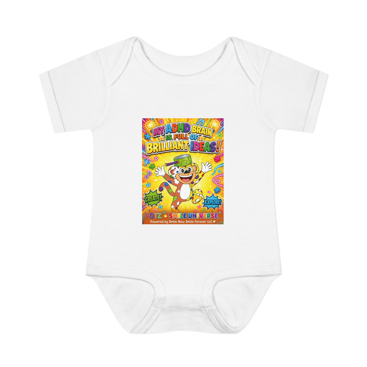 Potz™ Infant Baby Rib Bodysuit – "My ADHD Brain is Full of Brilliant Ideas!" Graphic Onesie | Smile Universe Collection