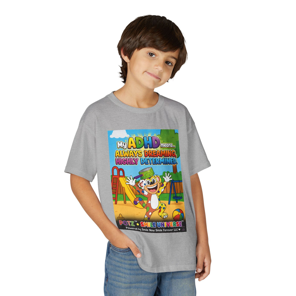 Potz™ Youth DryBlend® T-Shirt – "My ADHD Means Always Dreaming, Highly Determined" Graphic Tee | Smile Universe Collection