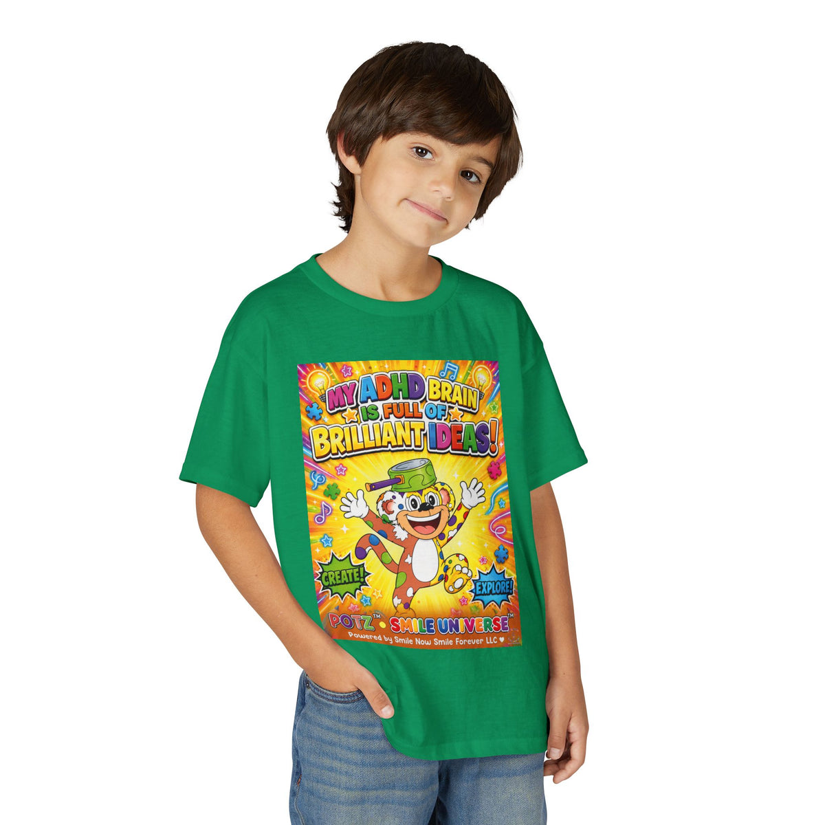 Potz™ Youth DryBlend® T-Shirt – "My ADHD Brain is Full of Brilliant Ideas!" Graphic Tee | Smile Universe Collection