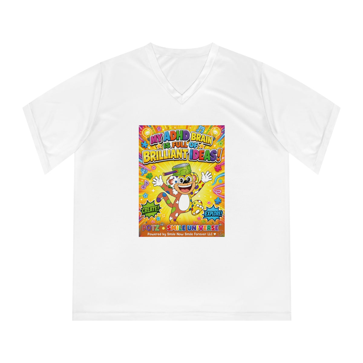 Potz™ Women's Performance V-Neck T-Shirt – "My ADHD Brain is Full of Brilliant Ideas!" Graphic Tee | Smile Universe Collection