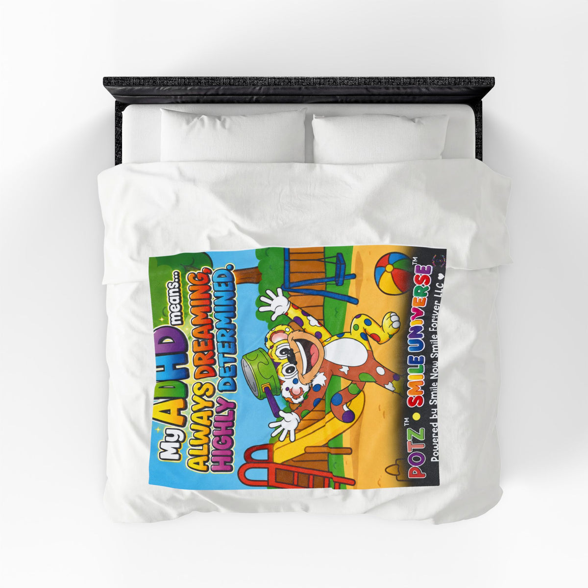 Potz™ Velveteen Plush Blanket – "My ADHD Means Always Dreaming, Highly Determined" Graphic Throw | Smile Universe Collection