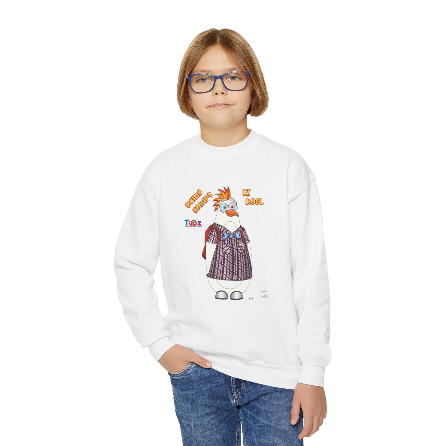 TuBz™ "Being Smart Iz Kool" Youth Crewneck Sweatshirt – Character Dress-Up Graphic Sweatshirt | Smile Universe TuBz4Kidz Collection