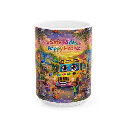 Lani™ Ceramic Mug (11oz & 15oz) – "Safe Rides, Happy Hearts" Graphic