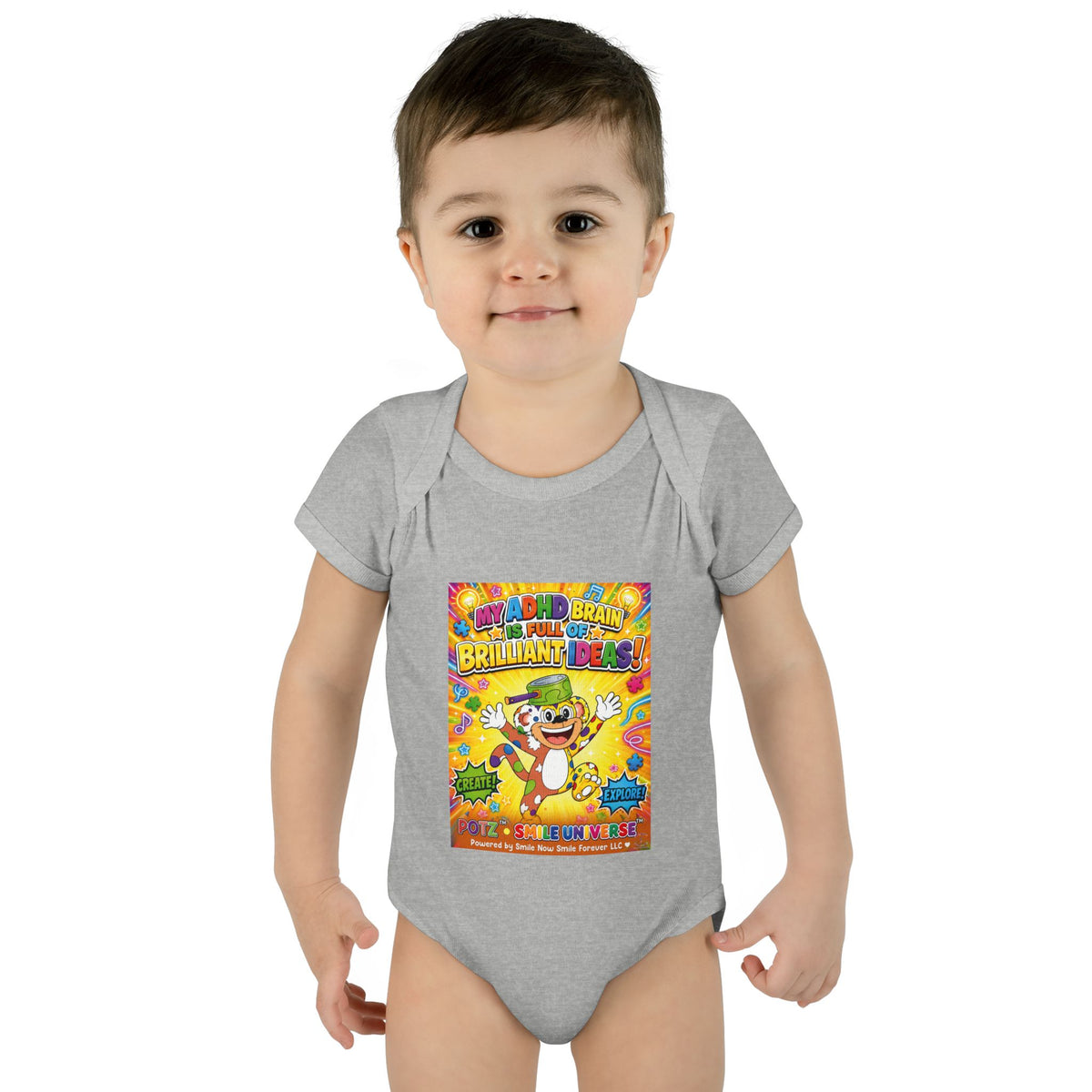 Potz™ Infant Baby Rib Bodysuit – "My ADHD Brain is Full of Brilliant Ideas!" Graphic Onesie | Smile Universe Collection