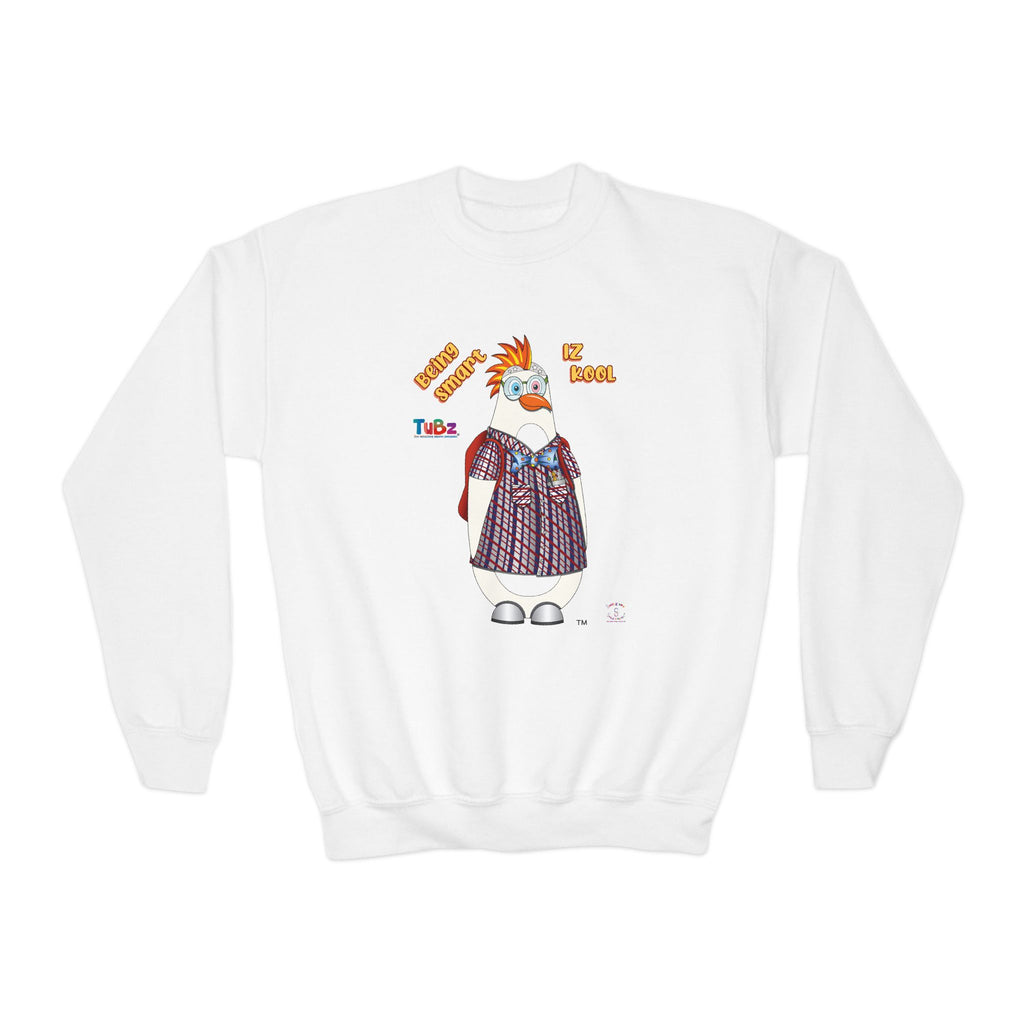 TuBz™ "Being Smart Iz Kool" Youth Crewneck Sweatshirt – Character Dress-Up Graphic Sweatshirt | Smile Universe TuBz4Kidz Collection