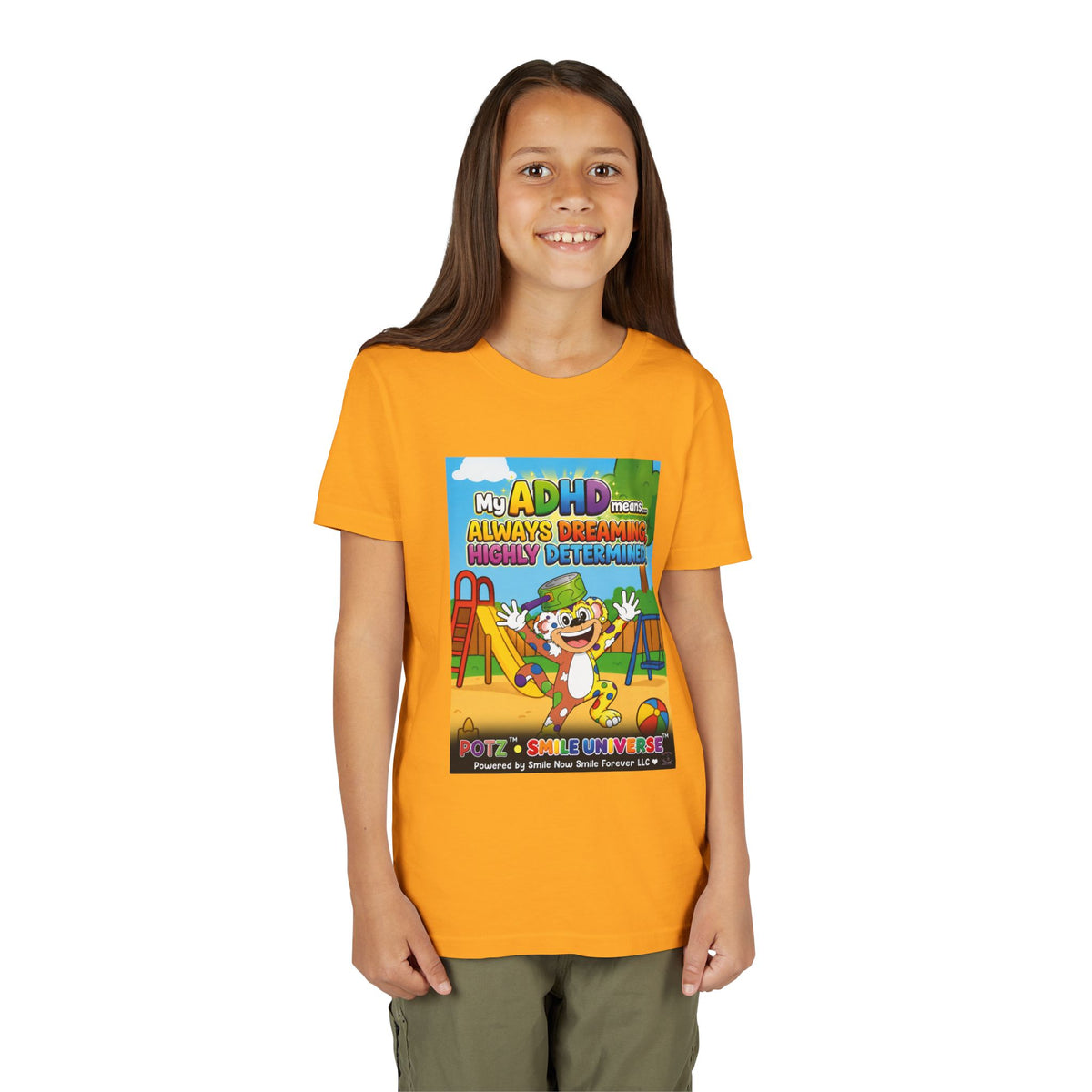 Potz™ Youth Short Sleeve Tee – "My ADHD Means Always Dreaming, Highly Determined" Graphic Tee | Smile Universe Collection