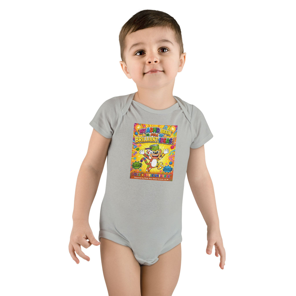Potz™ Baby Short Sleeve Onesie® – "My ADHD Brain is Full of Brilliant Ideas!" Graphic Bodysuit | Smile Universe Collection