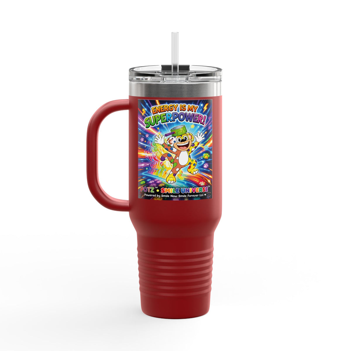 Potz™ Insulated Travel Mug 40oz – "Energy is My Superpower!" Graphic Tumbler | Smile Universe Collection