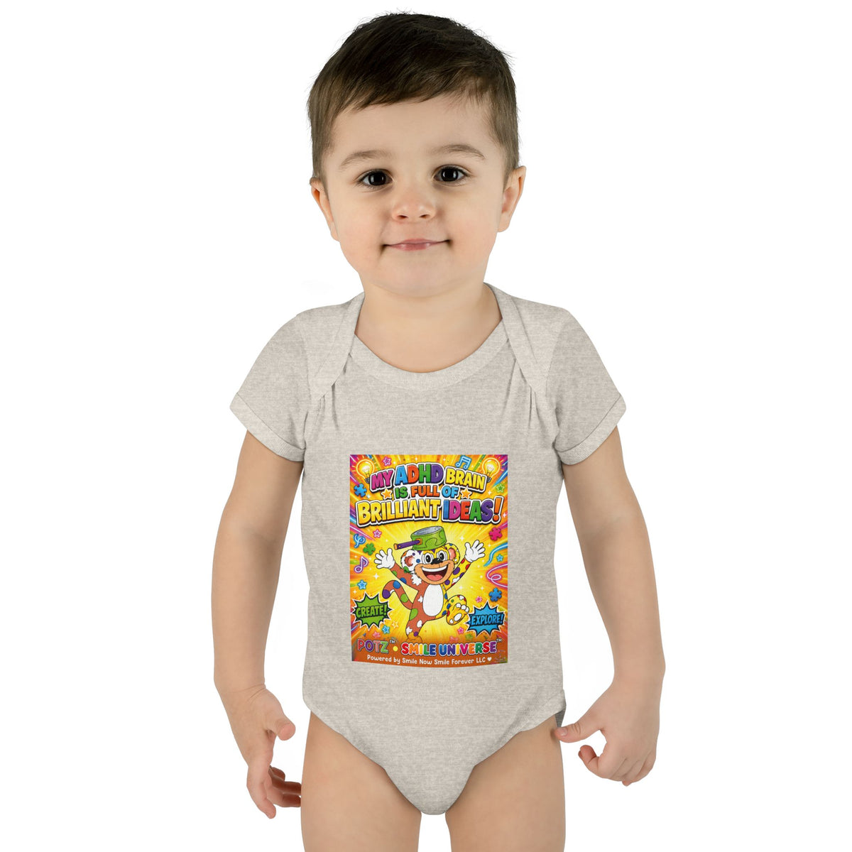 Potz™ Infant Baby Rib Bodysuit – "My ADHD Brain is Full of Brilliant Ideas!" Graphic Onesie | Smile Universe Collection