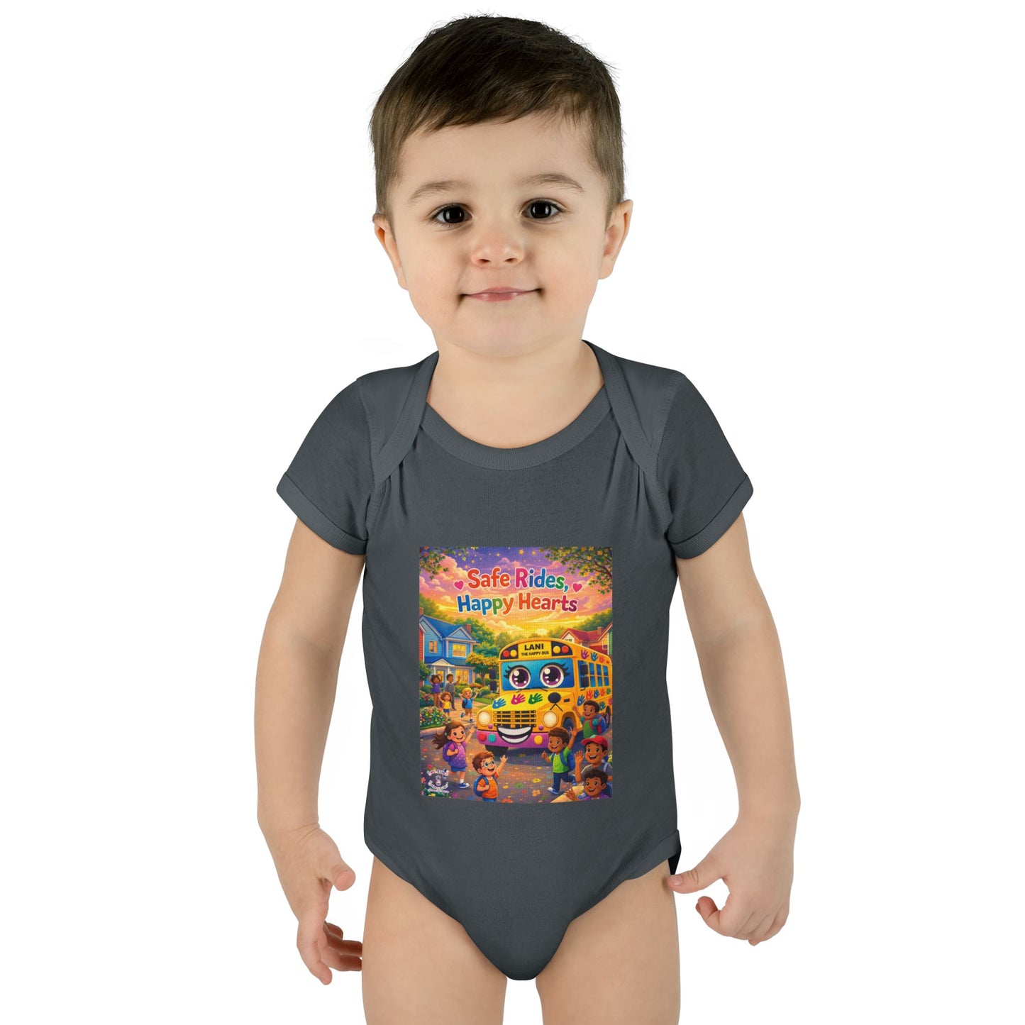 Lani™ Infant Baby Rib Bodysuit – "Safe Rides, Happy Hearts" Graphic