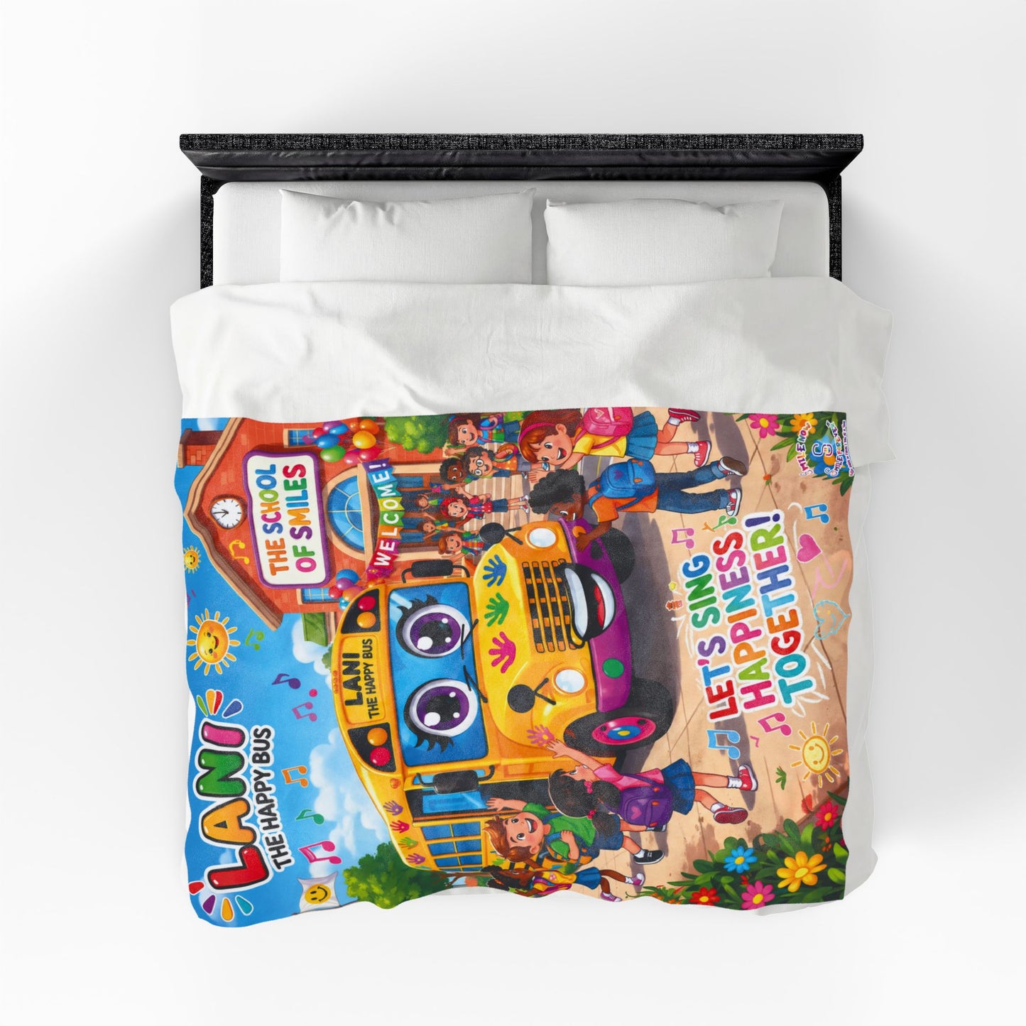 Lani the Happy Bus Kids Velveteen Blanket — "Let's Sing Happiness Together" Cozy Throw