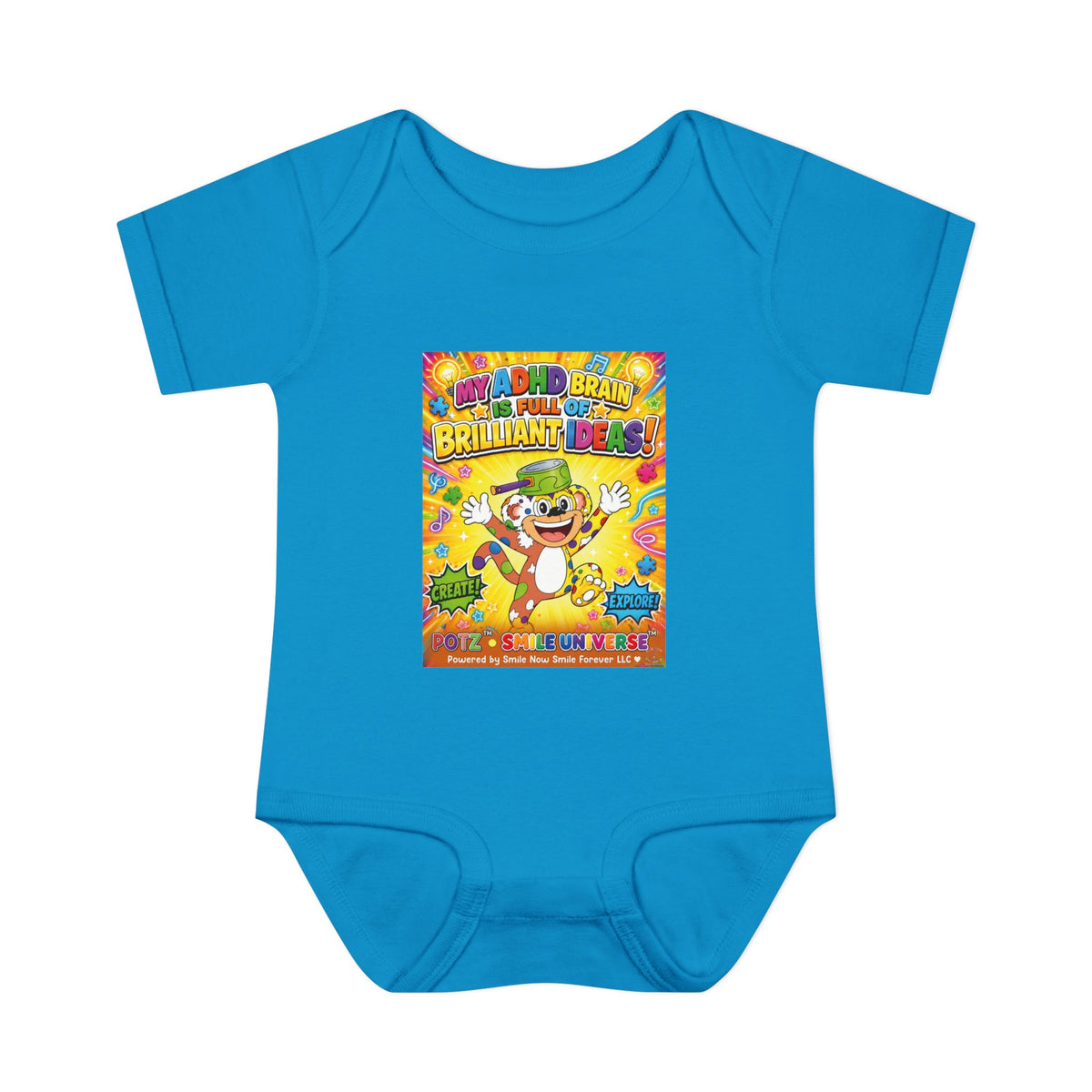 Potz™ Infant Baby Rib Bodysuit – "My ADHD Brain is Full of Brilliant Ideas!" Graphic Onesie | Smile Universe Collection