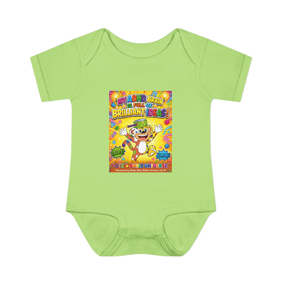 Potz™ Infant Baby Rib Bodysuit – "My ADHD Brain is Full of Brilliant Ideas!" Graphic Onesie | Smile Universe Collection