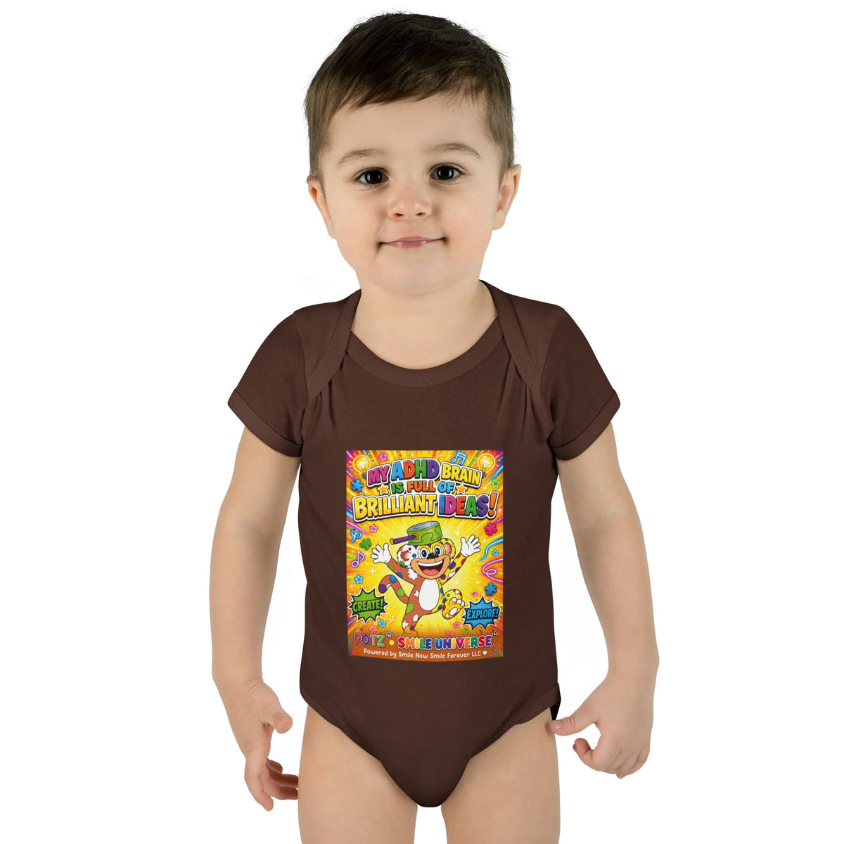 Potz™ Infant Baby Rib Bodysuit – "My ADHD Brain is Full of Brilliant Ideas!" Graphic Onesie | Smile Universe Collection