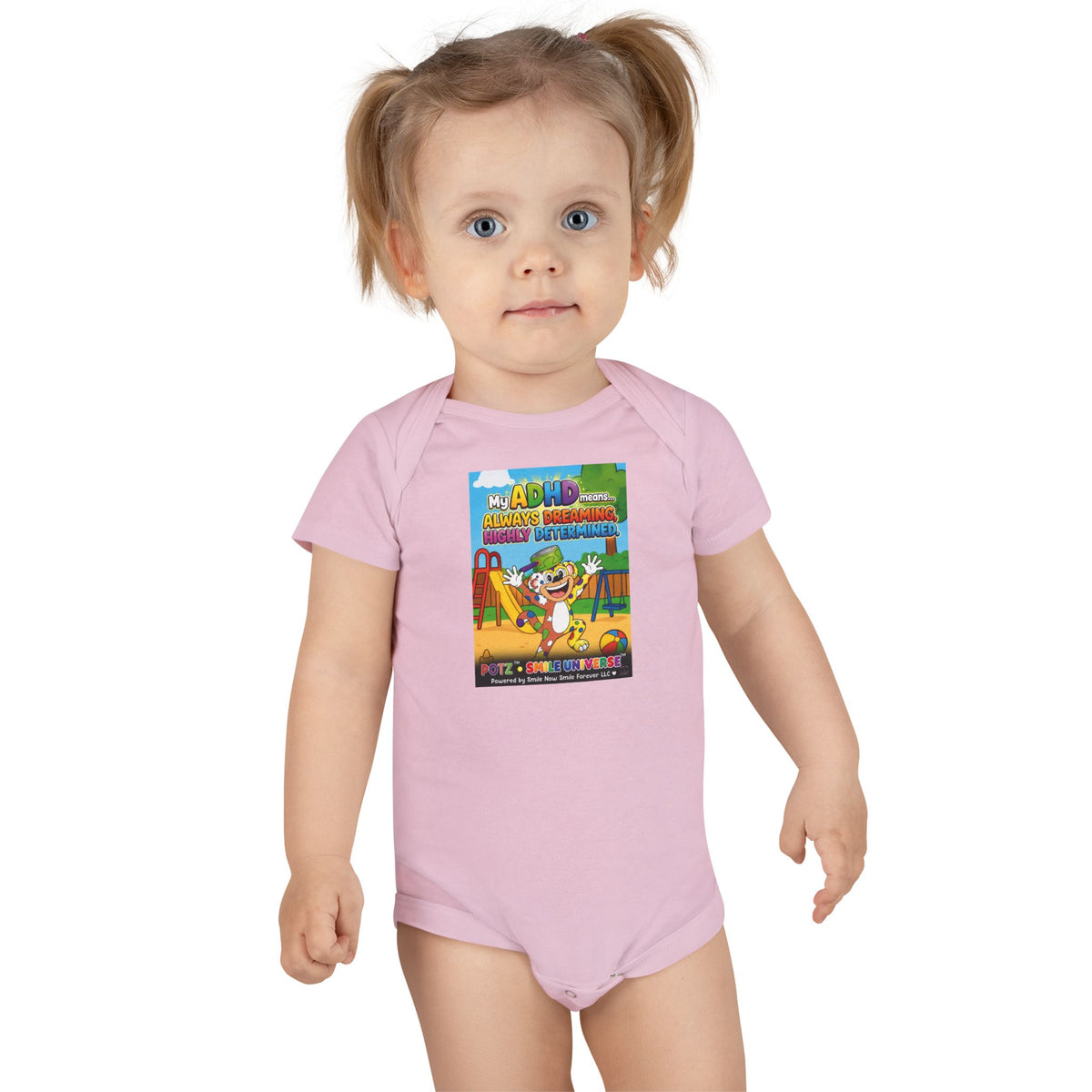 Potz™ Baby Short Sleeve Onesie® – "My ADHD Means Always Dreaming, Highly Determined" Graphic Bodysuit | Smile Universe Collection