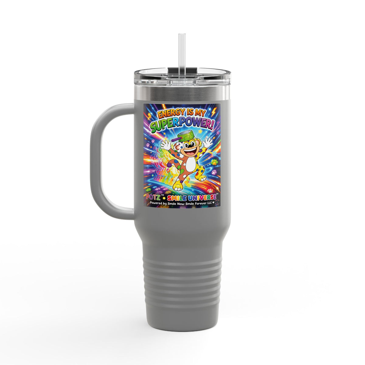 Potz™ Insulated Travel Mug 40oz – "Energy is My Superpower!" Graphic Tumbler | Smile Universe Collection