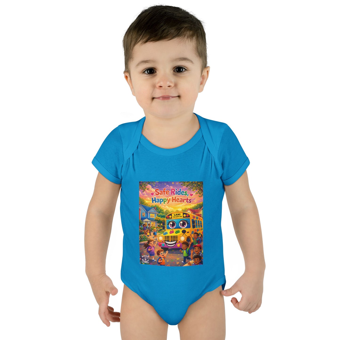Lani™ Infant Baby Rib Bodysuit – "Safe Rides, Happy Hearts" Graphic