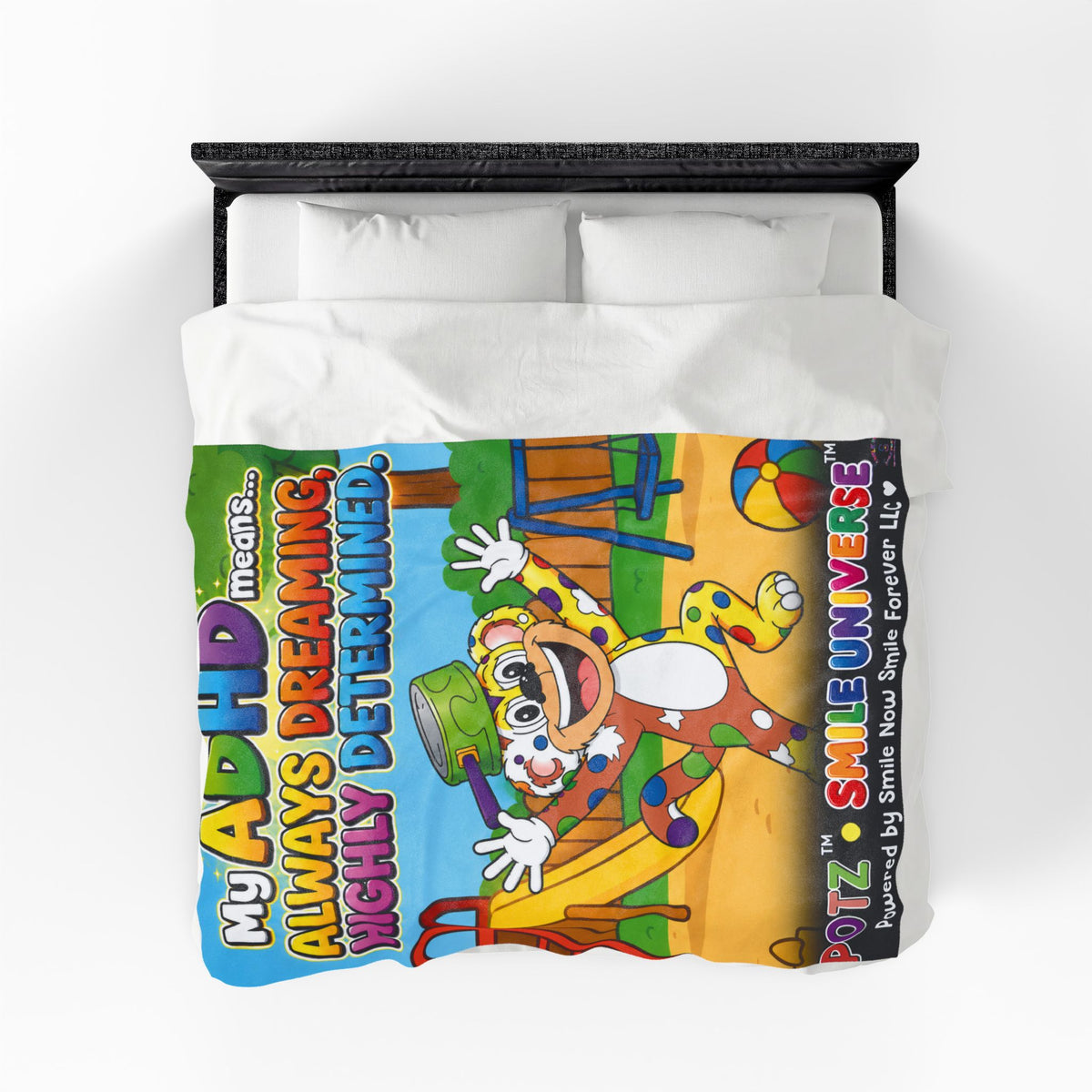 Potz™ Velveteen Plush Blanket – "My ADHD Means Always Dreaming, Highly Determined" Graphic Throw | Smile Universe Collection