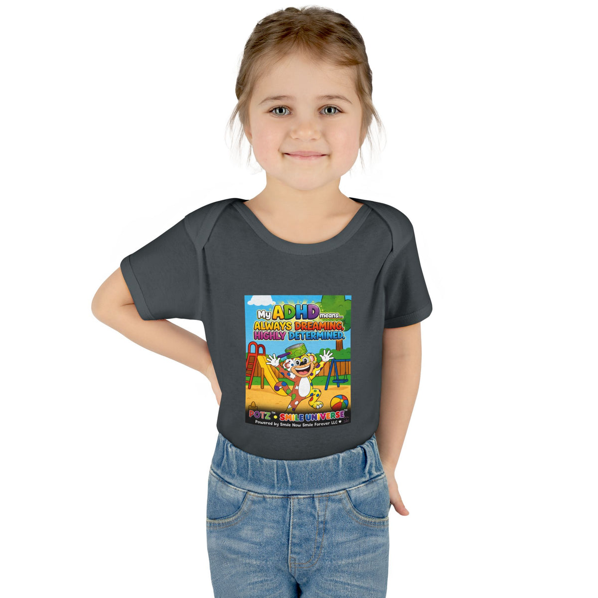 Potz™ Infant Baby Rib Bodysuit – "My ADHD Means Always Dreaming, Highly Determined" Graphic Onesie | Smile Universe Collection
