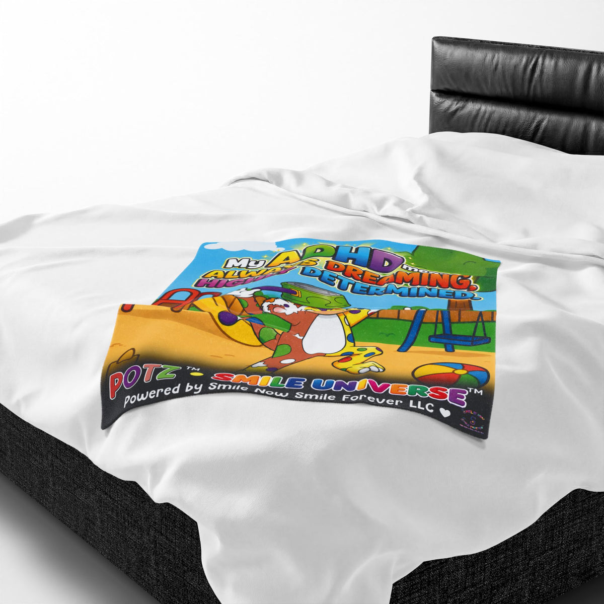 Potz™ Velveteen Plush Blanket – "My ADHD Means Always Dreaming, Highly Determined" Graphic Throw | Smile Universe Collection