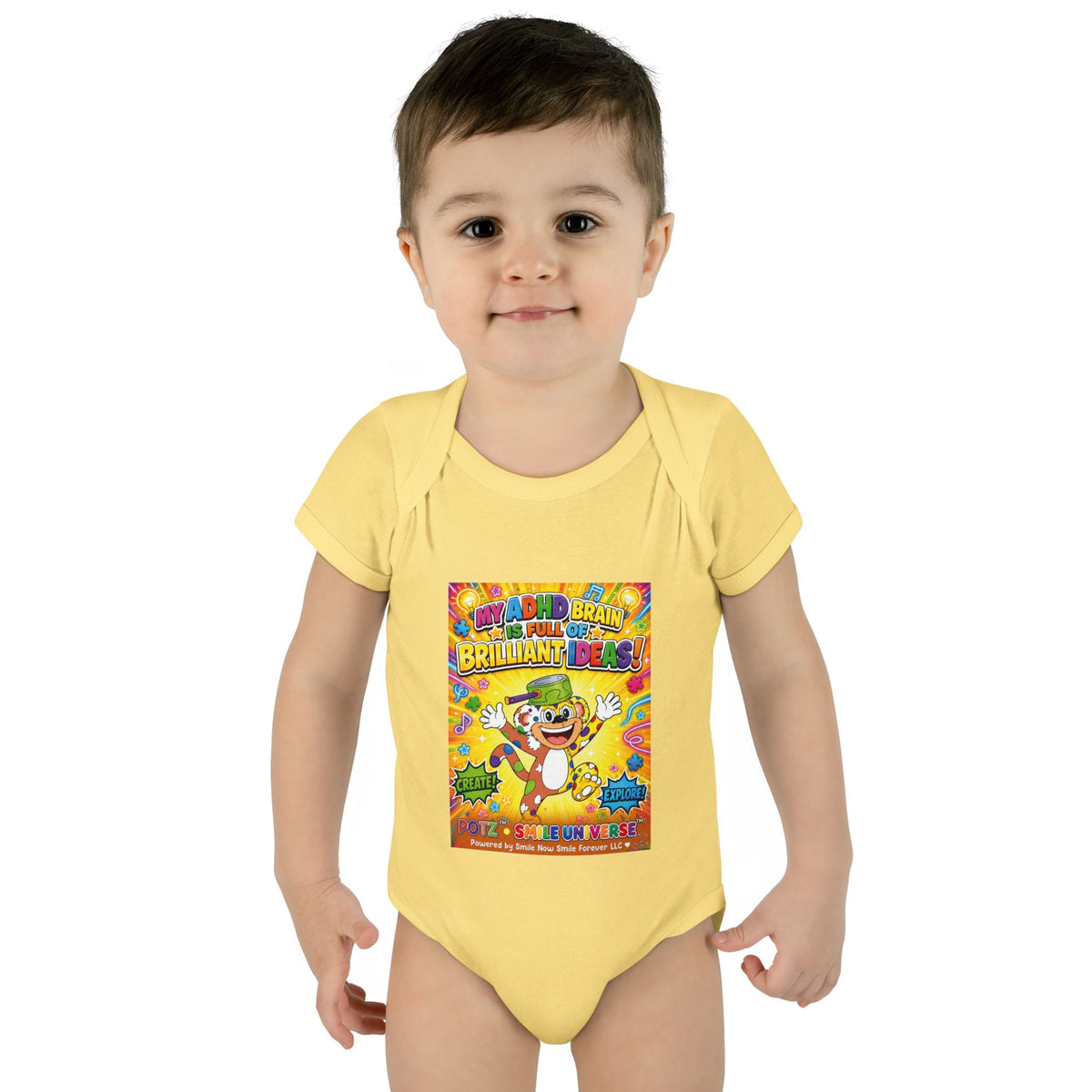 Potz™ Infant Baby Rib Bodysuit – "My ADHD Brain is Full of Brilliant Ideas!" Graphic Onesie | Smile Universe Collection
