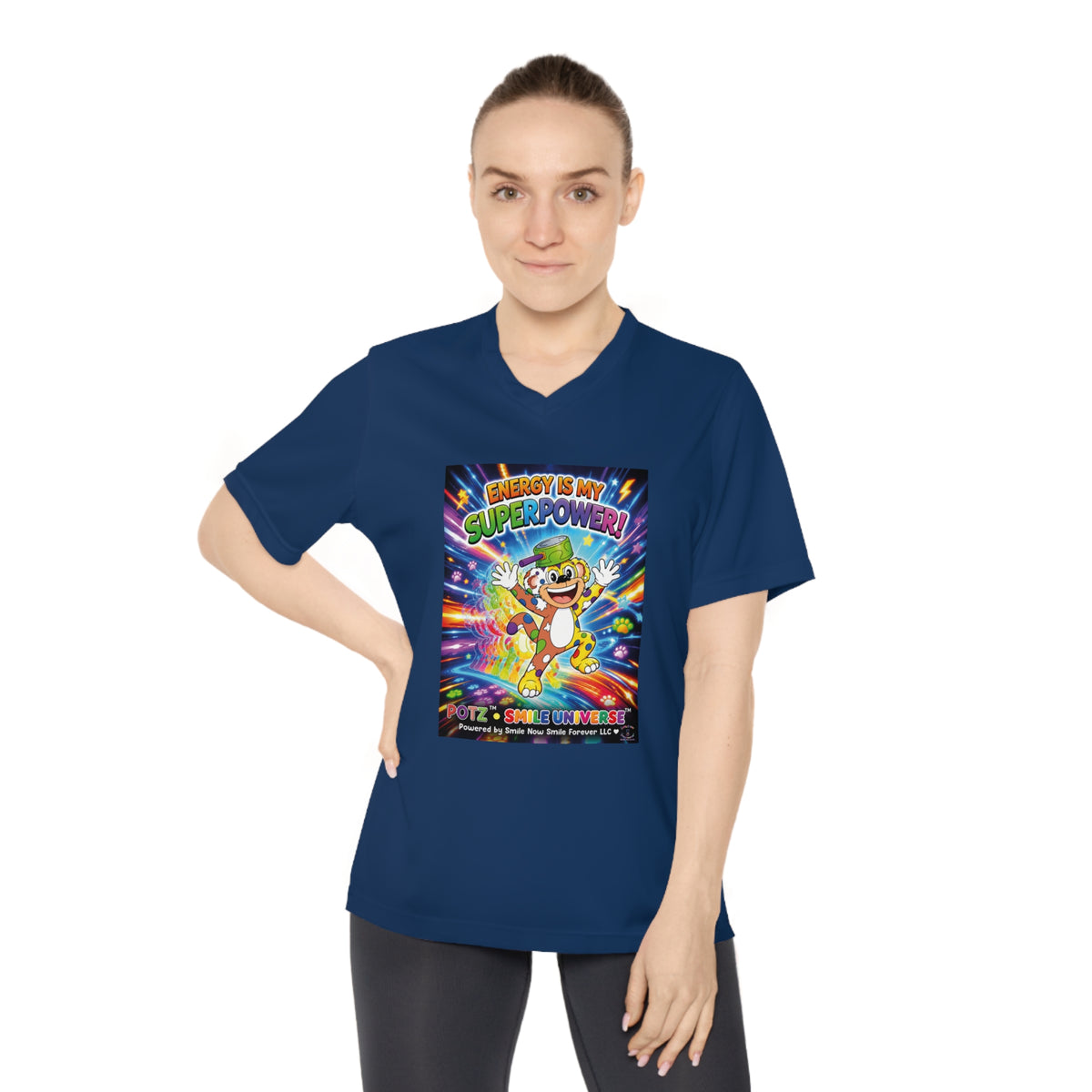 Potz™ Women's Performance V-Neck T-Shirt – "Energy is My Superpower!" Graphic Tee | Smile Universe Collection