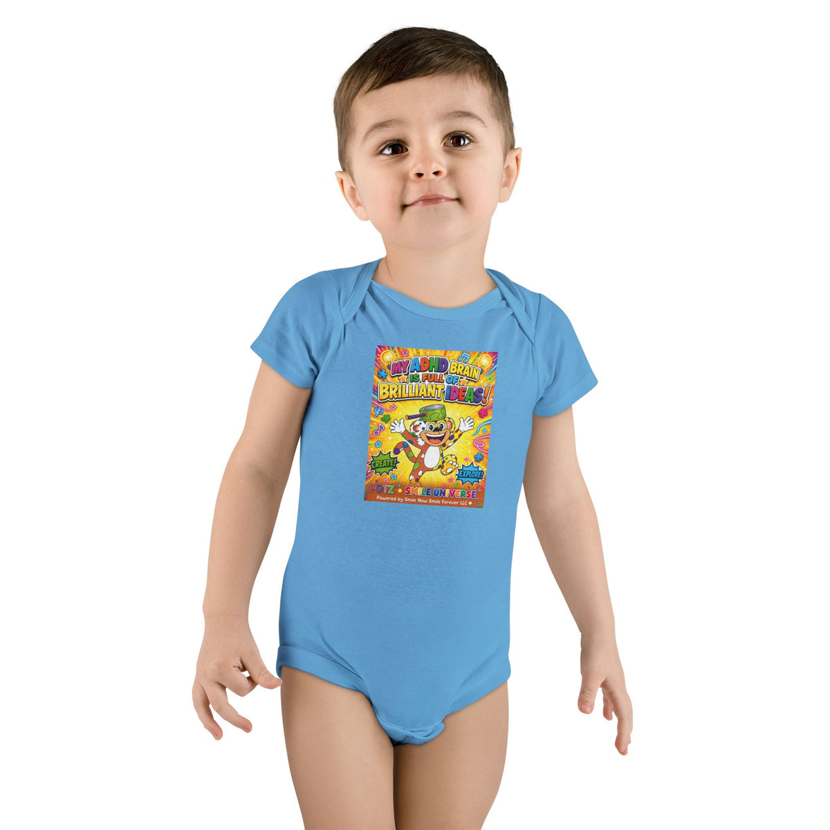 Potz™ Baby Short Sleeve Onesie® – "My ADHD Brain is Full of Brilliant Ideas!" Graphic Bodysuit | Smile Universe Collection
