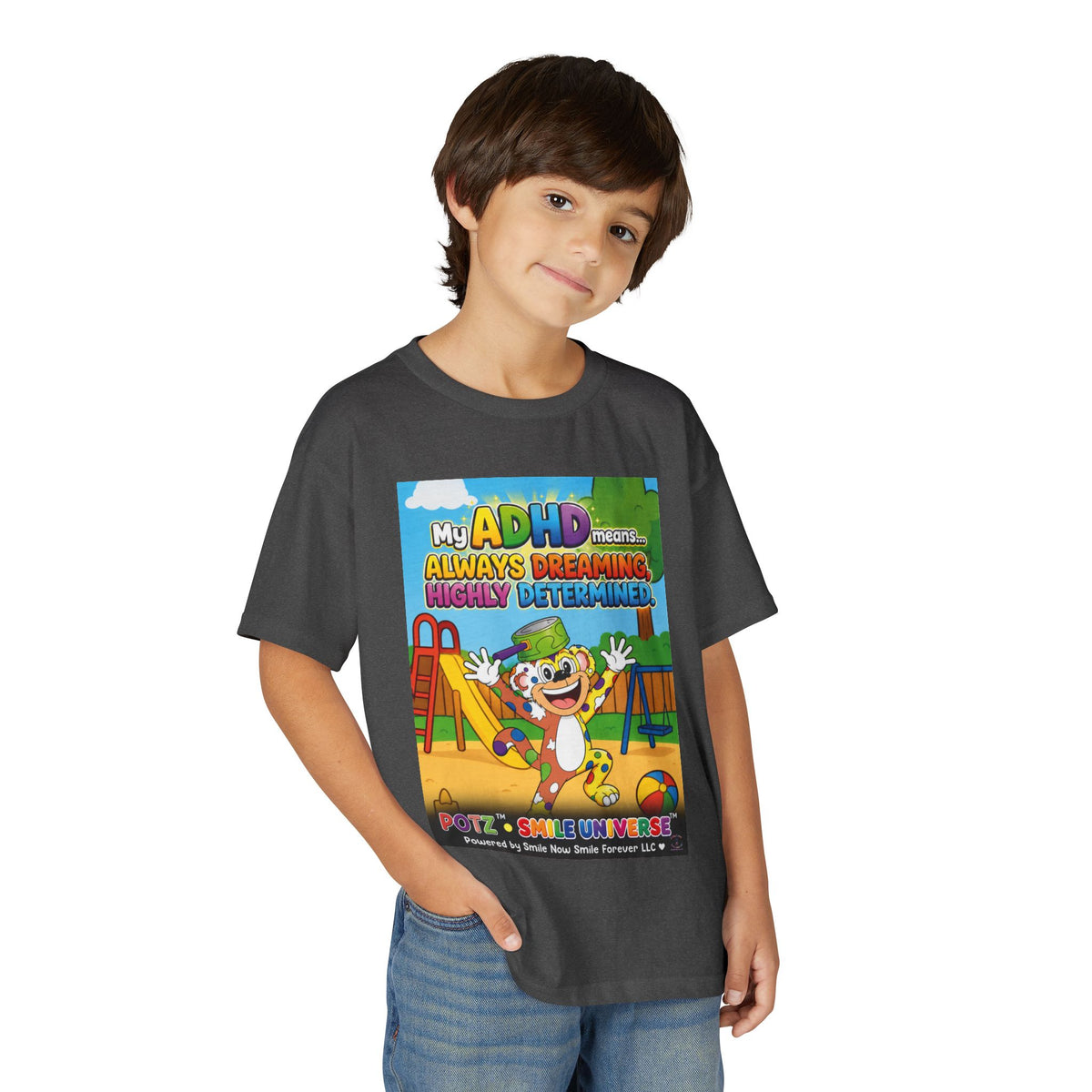 Potz™ Youth DryBlend® T-Shirt – "My ADHD Means Always Dreaming, Highly Determined" Graphic Tee | Smile Universe Collection