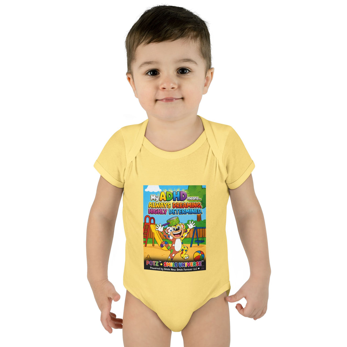 Potz™ Infant Baby Rib Bodysuit – "My ADHD Means Always Dreaming, Highly Determined" Graphic Onesie | Smile Universe Collection