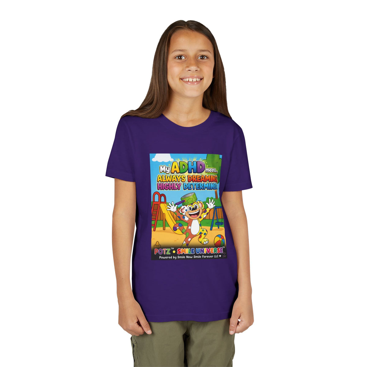 Potz™ Youth Short Sleeve Tee – "My ADHD Means Always Dreaming, Highly Determined" Graphic Tee | Smile Universe Collection
