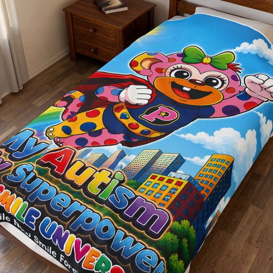 Panz™ Velveteen Plush Blanket – "My Autism is My Superpower" Graphic | Smile Universe Collection