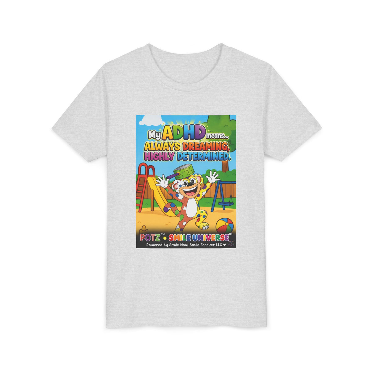 Potz™ Youth Short Sleeve Tee – "My ADHD Means Always Dreaming, Highly Determined" Graphic Tee | Smile Universe Collection