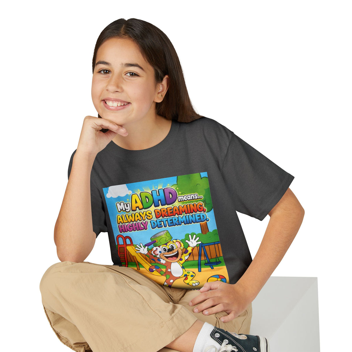 Potz™ Youth DryBlend® T-Shirt – "My ADHD Means Always Dreaming, Highly Determined" Graphic Tee | Smile Universe Collection