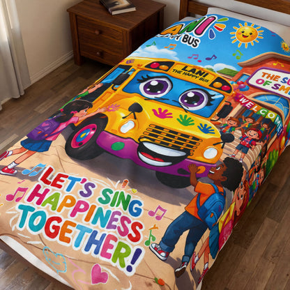 Lani the Happy Bus Kids Velveteen Blanket — "Let's Sing Happiness Together" Cozy Throw
