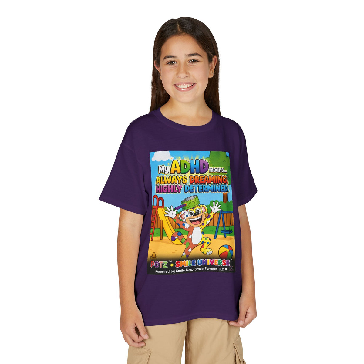 Potz™ Youth DryBlend® T-Shirt – "My ADHD Means Always Dreaming, Highly Determined" Graphic Tee | Smile Universe Collection