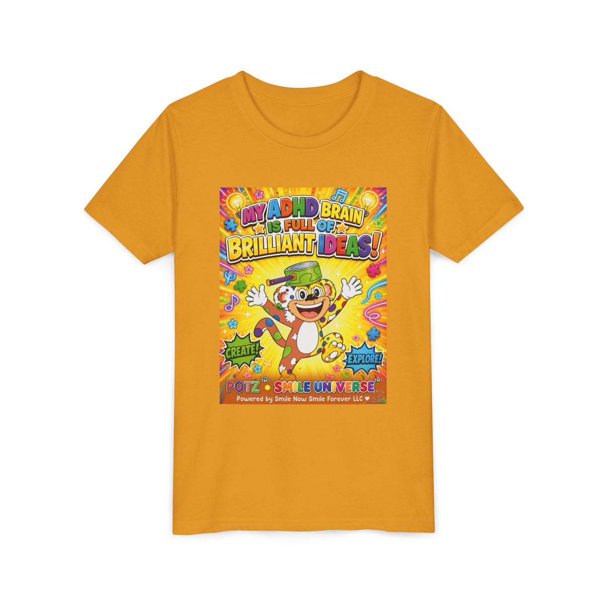 Potz™ Youth Short Sleeve Tee – "My ADHD Brain is Full of Brilliant Ideas!" Graphic Tee | Smile Universe Collection