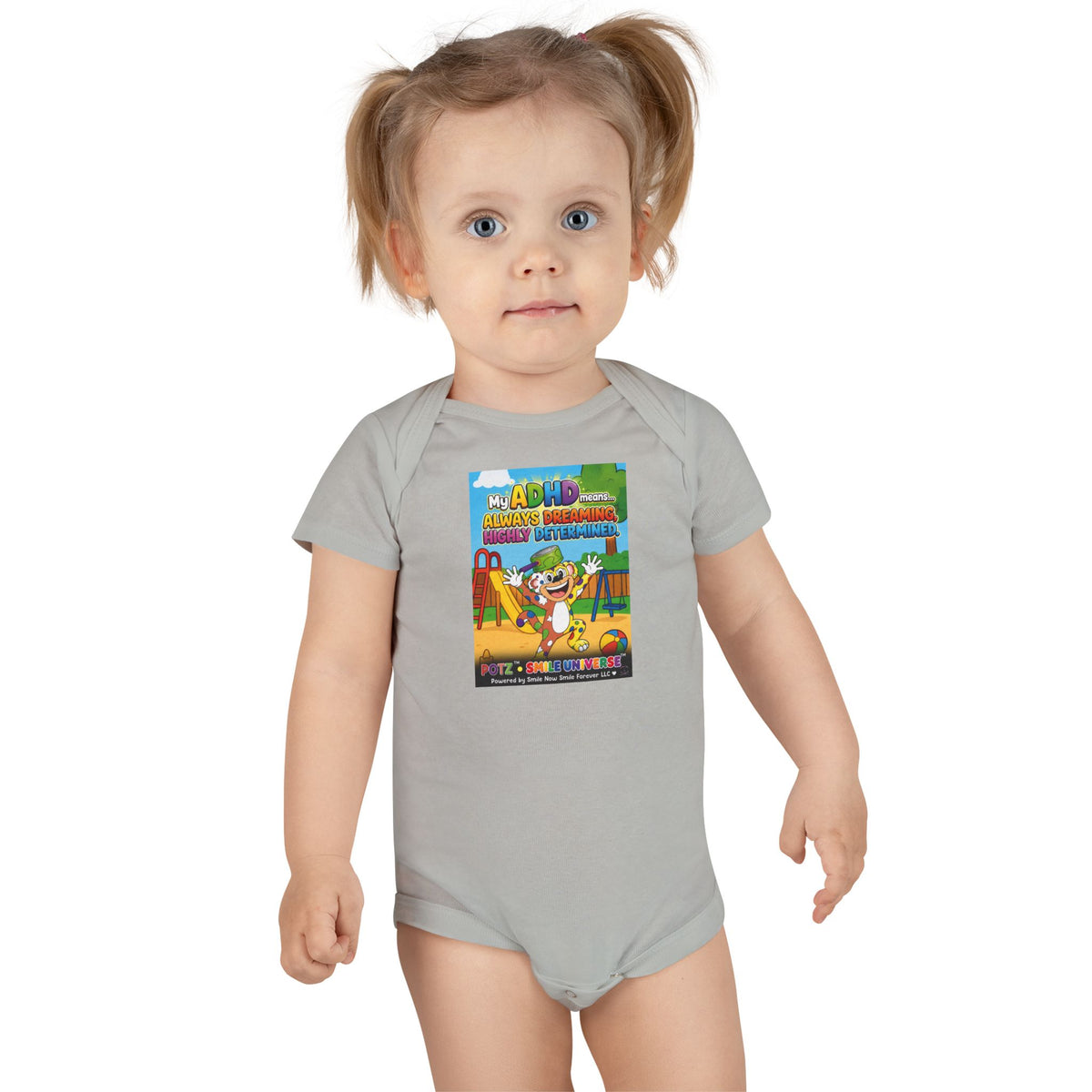 Potz™ Baby Short Sleeve Onesie® – "My ADHD Means Always Dreaming, Highly Determined" Graphic Bodysuit | Smile Universe Collection