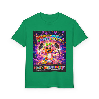 Panz™ Youth DryBlend® T-Shirt – "Differently Amazing & Loudly Autistic!" Graphic | Smile Universe Collection