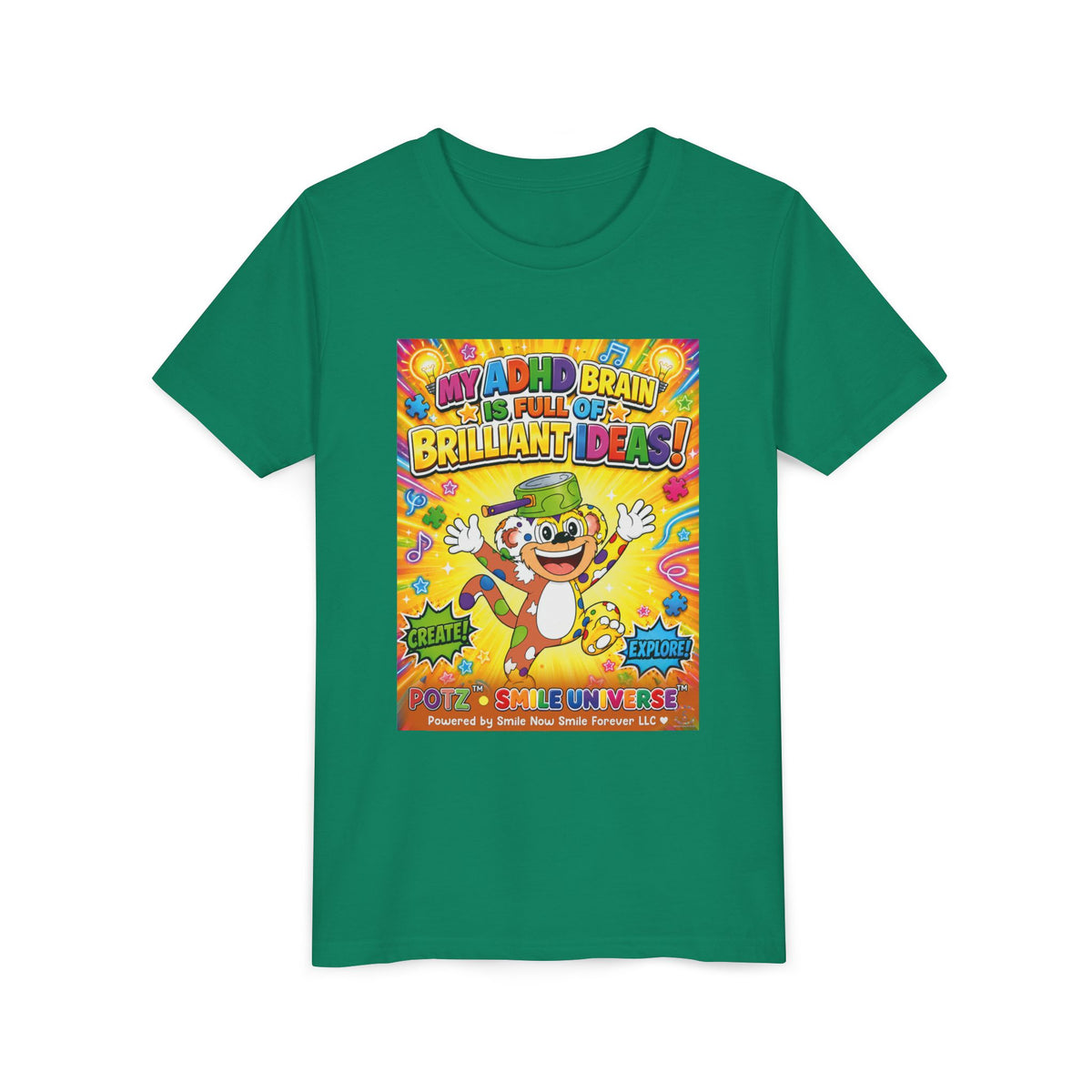 Potz™ Youth Short Sleeve Tee – "My ADHD Brain is Full of Brilliant Ideas!" Graphic Tee | Smile Universe Collection