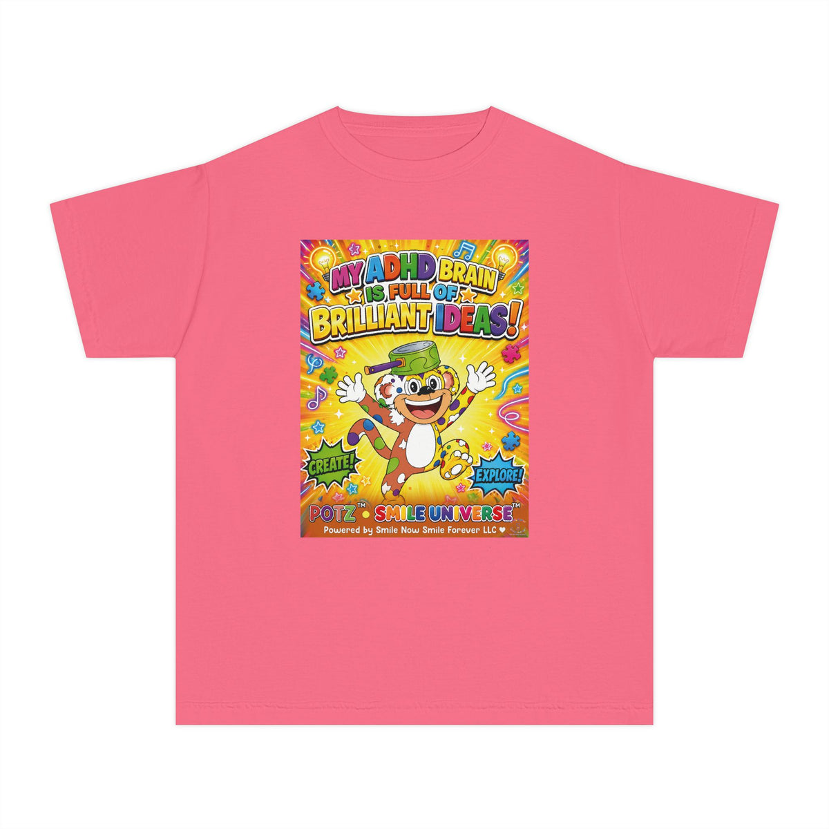 Potz™ Youth Midweight Tee – "My ADHD Brain is Full of Brilliant Ideas!" Graphic Tee | Smile Universe Collection
