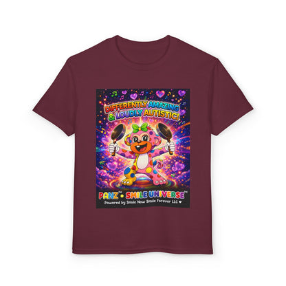 Panz™ Youth DryBlend® T-Shirt – "Differently Amazing & Loudly Autistic!" Graphic | Smile Universe Collection